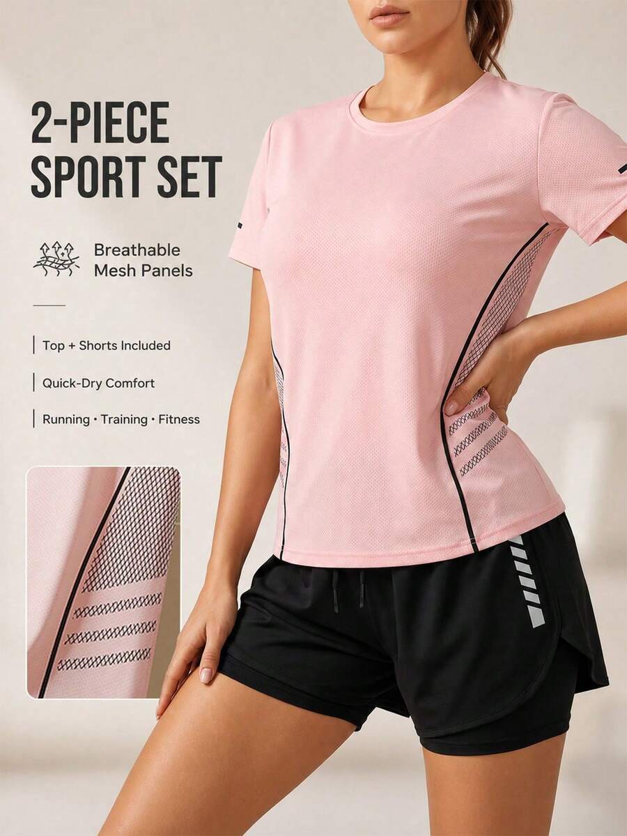 2pcs Women's Activewear Set, Geometric Mesh Panel Round Neck Short Sleeve T-Shirt And 2-In-1 Running Shorts For Gym & Workout Summer Sports - Pink - View 1