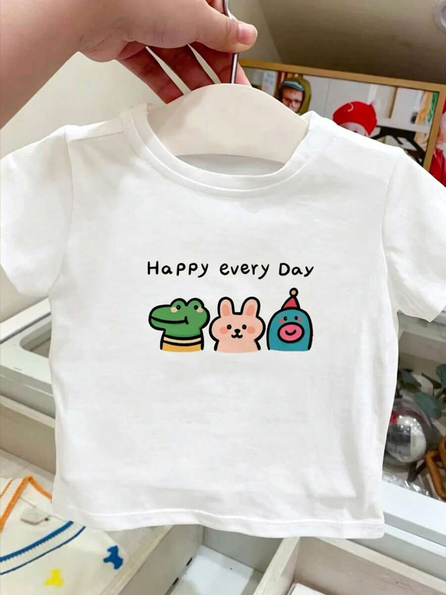 Camisetas de manga corta estampadas, sencillas, informales y bonitas para niños y niñas. - Blanco - Ver 1