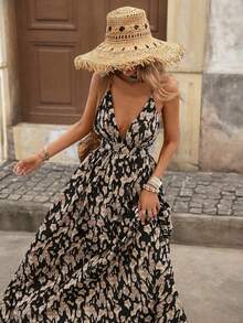 Vestido de tirantes finos con escote en V profundo y estampado completo para vacaciones de mujer - Rosa - Ver 7