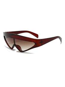 1 Pair Men's Tea-Colored Asymmetrical Frame One-Piece Futuristic Tech-Style Fashion Glasses - Brown - View 2