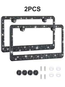 2pcs/1pc Shiny Rhinestone License Plate Frame - Sparkling Crystal Inlaid Stainless Steel, Shiny Screw Caps, Long-Lasting Shine, Unobstructed Design, Fashionable Diamond Car Accessories, Unisex - Style a - View 18