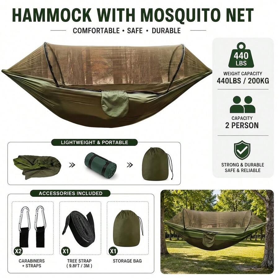 3-In-1 Premium Double Hammock With Mosquito Net, Easy Install, Compatible With Sturdy Frames, Spacious Camping Bed, Lightweight & Durable For Travel, Camping & Courtyard