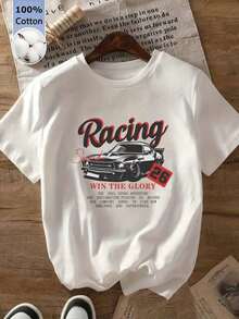 Women's Slim Fit Round Neck Short Sleeve T-Shirt, Retro Inspirational Fun Victory Race Pattern, 100% Cotton. - White - View 1