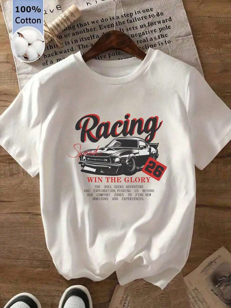 Women's Slim Fit Round Neck Short Sleeve T-Shirt, Retro Inspirational Fun Victory Race Pattern, 100% Cotton. - White - View 1