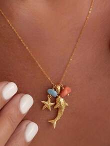 rundraw 1pc New Summer Dolphin Natural Stone Pendant Necklace, Fashionable Boho Copper Gold Color Jewelry For Women, Suitable For Beach, Party, Daily Outfit, Best Gift For Friends And Lovers In Summer - Gold - View 16