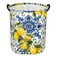 A Blue Ceramic Tile Lemon Print Laundry Basket, Mediterranean-Style Clothes And Storage Box, For Home Decor - Blue - View 7