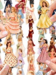 50/100張復古女士洋裝貼紙，1950年代法式優雅女性與花卉禮服貼紙，適合廢物手帳、剪貼簿、手帳裝飾、樹脂手工藝與復古美學禮物、學校用品 - 7*6*1 - 查看 1