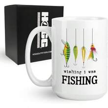 Wishing I Was - Taza de caf divertida de cermica de 15 onzas, Wishing I Was Fishing Coffee Mug, regalos de pescador, regalos de mordaza para hombres - Deseando que estuviera pescando - Ver 1