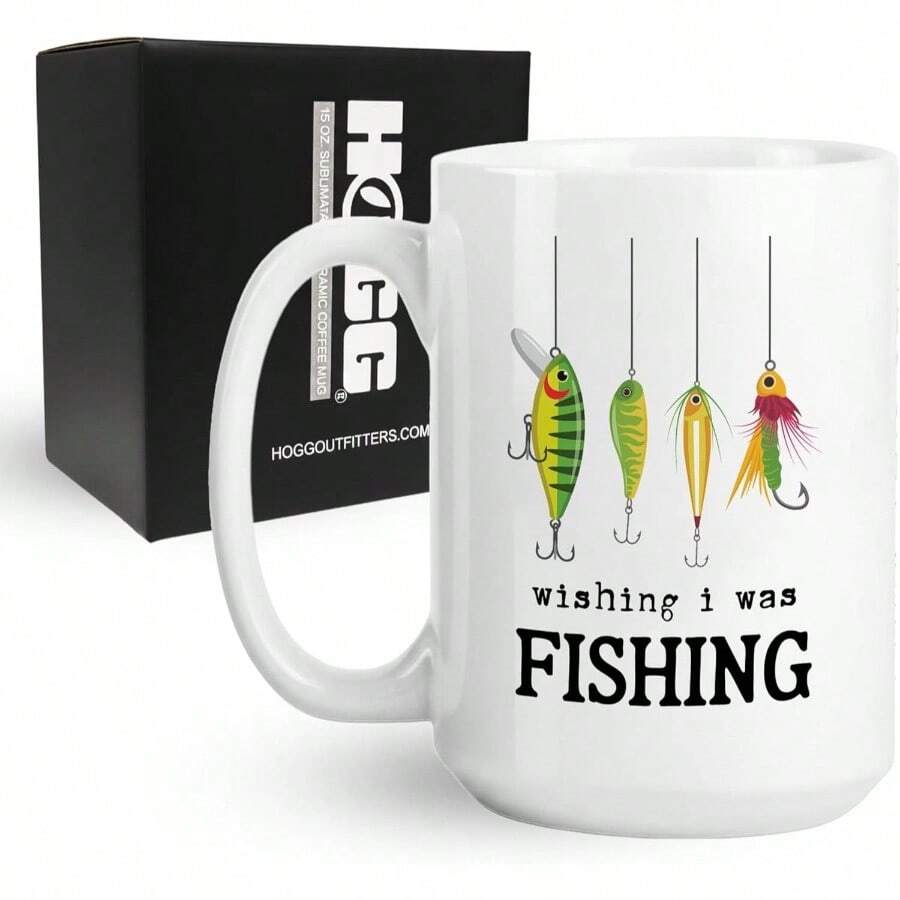Wishing I Was - Taza de caf divertida de cermica de 15 onzas, Wishing I Was Fishing Coffee Mug, regalos de pescador, regalos de mordaza para hombres - Deseando que estuviera pescando - Ver 1
