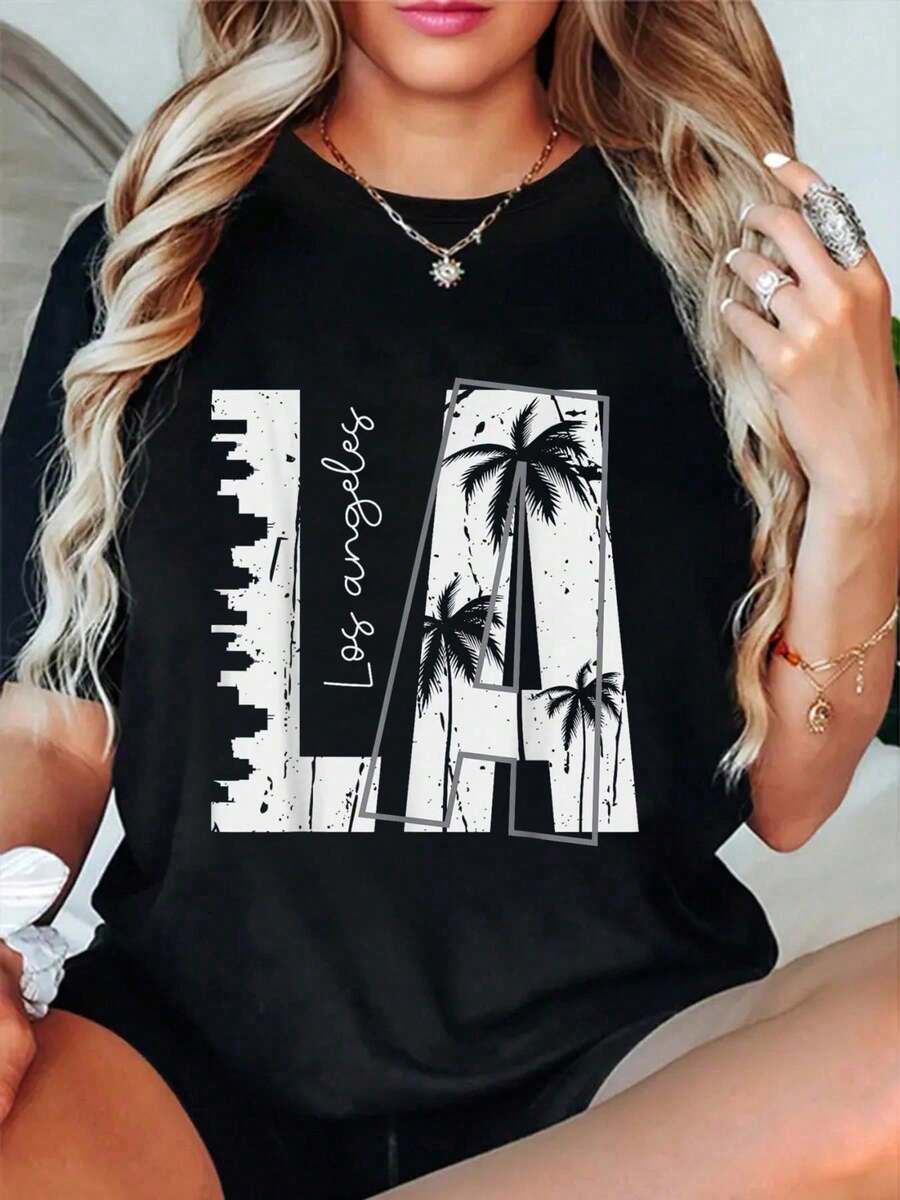 100% Cotton LA Los Angeles T-Shirt - Hitam - View 1