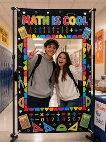 Marco de fotos de poliéster con patrón de calculadora y regla de arcoíris, tela de fondo rectangular para fotografía con geometría educativa, con almohadillas de metal, adecuado para clases de matemáticas, fiestas de bienvenida al regreso a la escuela, fiestas de cumpleaños, decoraciones de fiesta. - Temporada de regreso a clases - Ver 3
