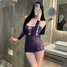 Lingerie Sexy, Vestido Bodycon de Pérola Falsa Lua de Água, Meias de Rede Vazadas, Meia-Calça Transparente Minimalista, Conjunto Seductor de Ajuste Slim - Roxo - Visão 3