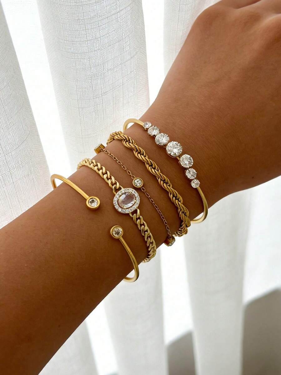 5PCS Ins Style Fashion Vintage Twisted Chain Rhinestone Bracelet Gold Plated Faux Gemstone Bracelet Bangle Set For Women - Gold - View 1