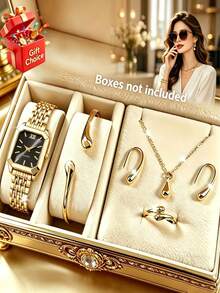 6piezas/Set Reloj de Cuarzo Romano Clásico de Lujo y Moda para Mujer, Combinado con Collar de Strass, Pulsera, Anillo, Aretes Juego de Joyas, Adecuado para el Uso Diario de las Mujeres, Perfecto como Regalo de Cumpleaños/Vacaciones para Amigos, Regreso a la Escuela, Fiesta, Reunión Familiar y Otras Ocasiones, Regalo Perfecto de Día de San Valentín/Navidad para Mujeres - Multicolor - Ver 6