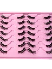 14 Pairs Half Piece Transparent Tape With Fake Eyelashes, Cat Eye Style, Short And Soft 3D Faux Mink Fur Fake Eyelashes, Natural Makeup, Elongated End, Naturally Curled Appearance - Black - View 4