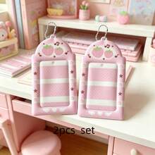 Lindo colgante porta tarjetas de 3 pulgadas, diseño de símbolo musical y patrón de fresa, rosa/marrón macaron, adecuado para identificación de estudiante y tarjeta de transporte - A - Ver 10