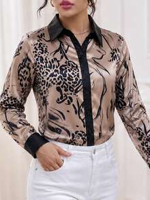 Blusa feminina elegante com estampa de leopardo e fechamento em cetim, modelo casual, ideal para o verão, perfeita para o dia a dia, férias e para ir ao trabalho. - Gengibre - Ver 2