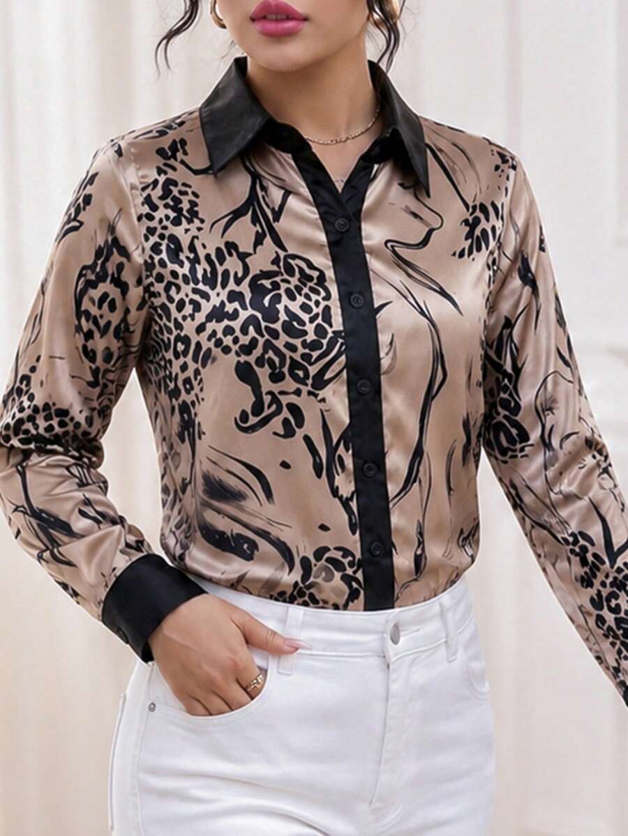 Blusa feminina elegante com estampa de leopardo e fechamento em cetim, modelo casual, ideal para o verão, perfeita para o dia a dia, férias e para ir ao trabalho.