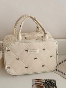 Gentle Beige Apricot Bowknot Embroidered Quilted Diamond Pattern Portable Makeup Bag For Cosmetics And Skincare Storage - Apricot - View 8