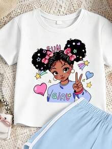 Tween Girls Cute Cartoon Girl & Heart Bow Print Crew Neck T-Shirt + Shorts Summer New Comfortable Daily Outfit Set - Multicolor - View 4
