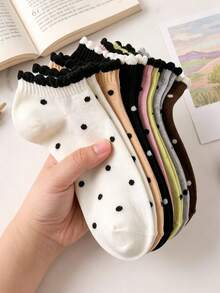 5 Pares Aleatórios de Meias Crew Femininas com Babado de Alface e Poá, Cano Médio, Pastel, Macias, Elásticas e Respiráveis, Estilo Universitário Japonês para Uso Diário e Deslocamento de Estudantes - Multicolorido - Visão 1