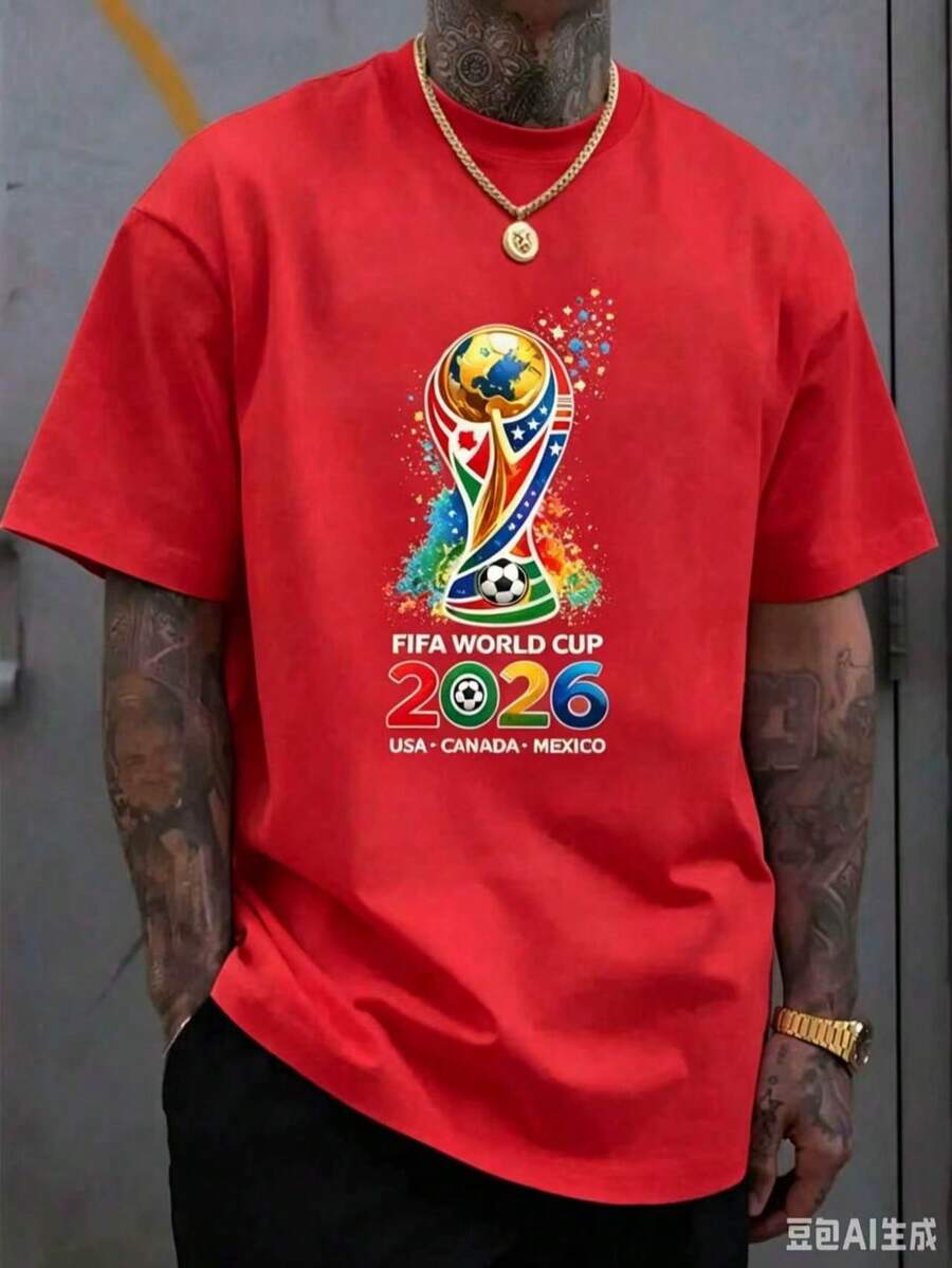 [Official FIFA World Cup Licensed]World Cup T-Shirt, Unisex, 2026 Football Jersey, USA, Canada, Mexico Styles, Fan Gift, Fan Apparel, Single Piece - 紅色 - 查看 1