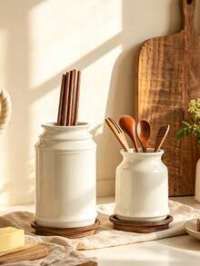 Minimalist White Resin Chopstick And Utensil Holder, Nordic Style Kitchen Utensil Rack With Wooden Tray, Multifunctional Knife Fork Spoon Storage Rack Suitable For Home Kitchen, Dining Table, Coffee Shop, Bistro, Countertop Organization, Table Decoration, Durable Resin Material, Easy To Clean, Perfect For Daily Kitchen Use And Tabletop Display - Multicolor - View 4