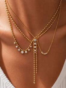 New Stainless Steel Gold Color Necklace, Minimalist Sparkling Zirconia Pendant, Suitable For Women And Girls To Wear To Parties And Weddings - Multicolor - View 12
