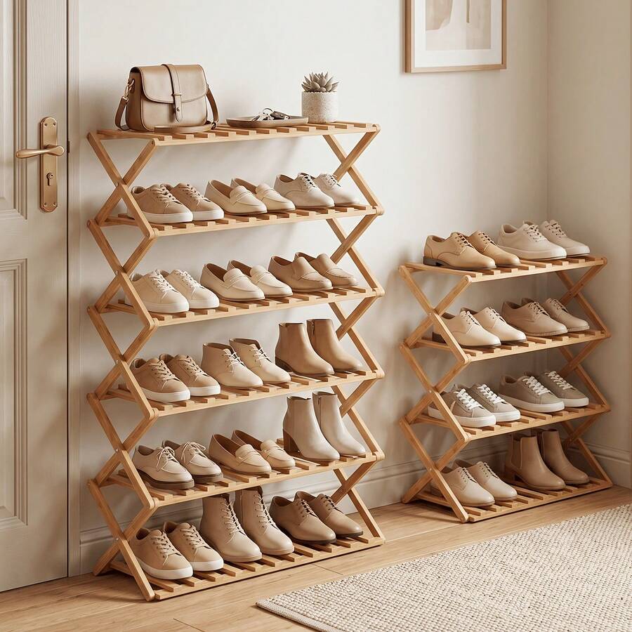 Senmeo 6-Tier Bamboo Entryway Shoe Rack, 1Pc Foldable X Reinforced Build, Snap-Open For Narrow Corner, Strong Load Capacity - 4th Floor - View 1
