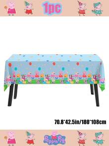 Mantel desechable con estampado de grupo de Peppa Pig sobre base azul, diseño de borde con globos punteados combinado con material PE impermeable. Disponible en opciones de juego de varias piezas, tela a prueba de aceite y fácil de desechar, perfecta para la decoración de mesas de fiestas temáticas y banquetes - Multicolor - Ver 2