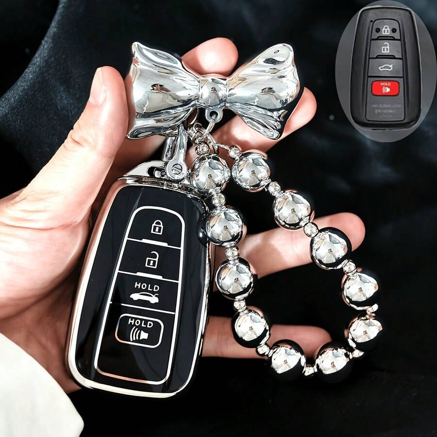 時尚金屬蝴蝶結吊飾汽車鑰匙套 2018-2022,適用於 RAV4、Camry、Corolla、Avalon、Prius、GT86、Highlander、C-HR,全包防摔防震耐刮遙控保護殼 - 豐田鑰匙殼搭配時尚金屬感蝴蝶結掛件 - 查看 1