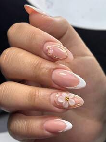 24片短杏仁形假指甲，夏季白色法式花卉金邊合金壓克力穿戴式指甲，凝膠美甲組（含1片果凍膠與指甲銼條），適合女性日常、約會、派對 - 彩色 - 查看 8