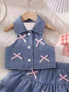 Baby Girl Fashion Casual Cute Set, Shirt Collar Halter Bow Sleeveless Denim Top + Bow Multi-Layered Hem Fashion Skirt - Light Wash - View 3