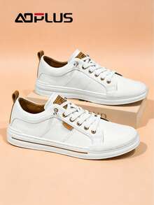 Versatile Men's Flat Sports Shoes, Durable Synthetic Leather, Cushioned Insole For Walking & Light Exercise - 卡其色 - 查看 3