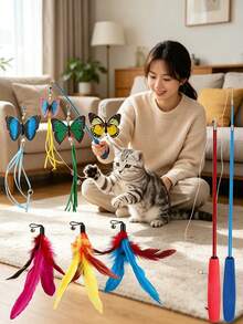 Happy Kitten 寵物貓玩具套組，彩色逼真羽毛釣竿、毛毛蟲鈴鐺、可替換頭部逗貓棒，適用於室內外使用、訓練、自我娛樂、緩解無聊，(隨機顏色) - 查看 1