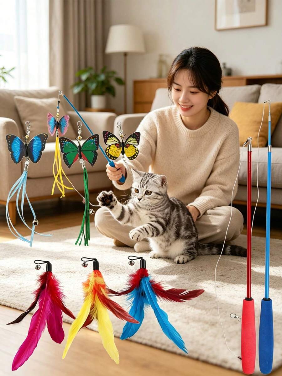 Happy Kitten 寵物貓玩具套組，彩色逼真羽毛釣竿、毛毛蟲鈴鐺、可替換頭部逗貓棒，適用於室內外使用、訓練、自我娛樂、緩解無聊，(隨機顏色) - 查看 1