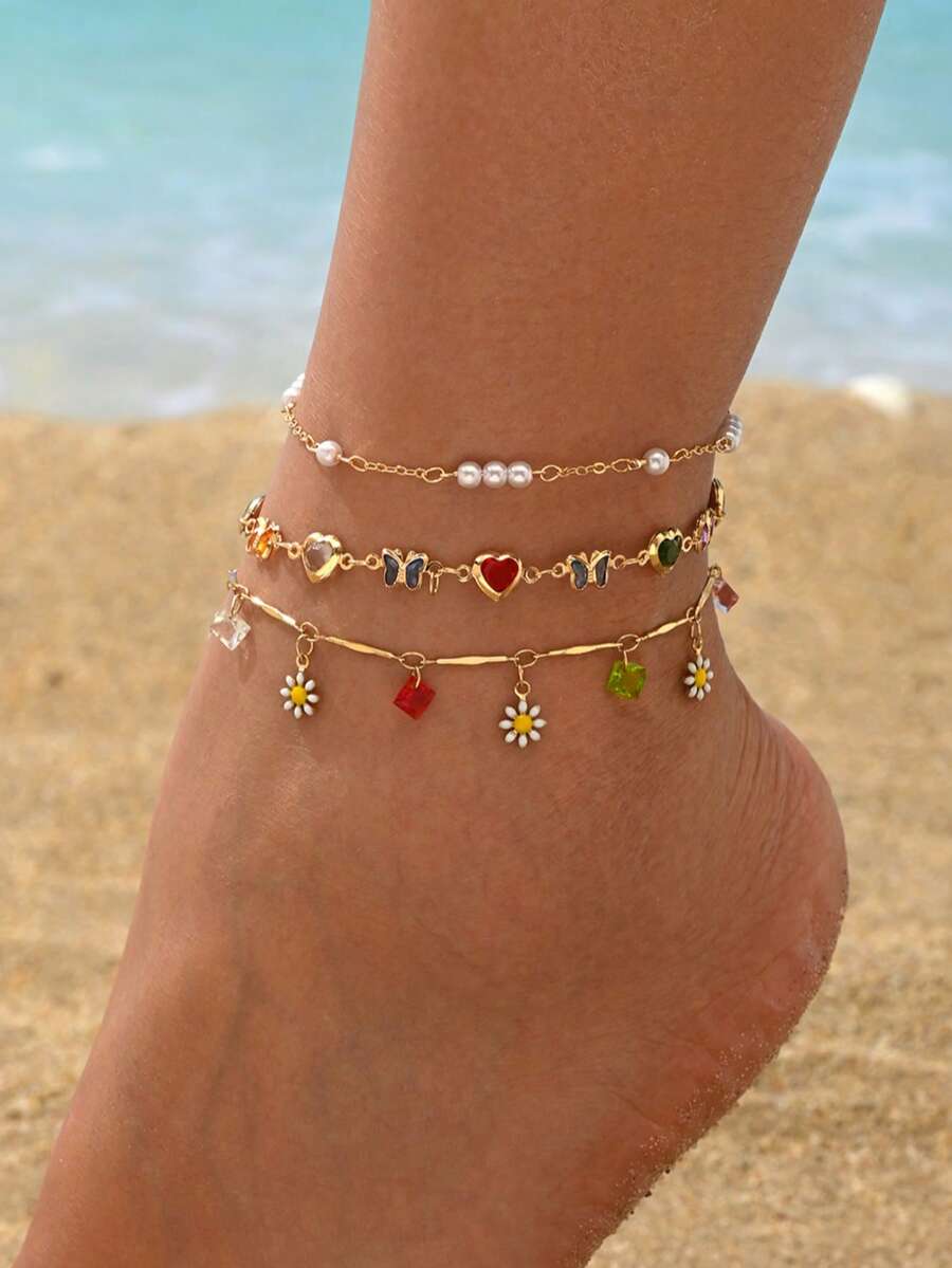 3pcs/Set Minimalist Premium Daisy Rhinestone Tassel Chain Heart Butterfly Rhinestone Chain With Faux Pearl Anklet Set, Fashionable Exquisite Women's Foot Jewelry, Suitable For Daily Wear, Summer Vacation, Beach Party, Music Festival, Handmade Chain Cut By Section, Random Rhinestone Color Arrangement - Multicolor - View 1