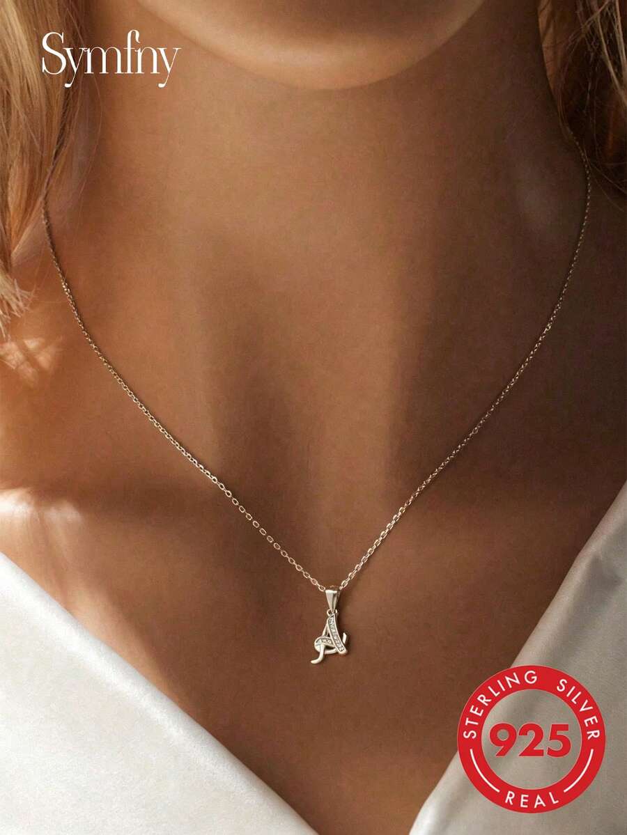 SYMFNY 1 pieza Collar con colgante de letra 26 de circonita cúbica de plata de ley 925 minimalista - Plateado - Ver 1