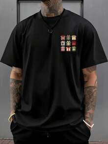 Camiseta de hombre con hombros caídos, caja de regalo, regalo navideño con estampado de doble cara, camiseta de hombre de corte holgado, ropa de hombre de estilo moderno y actual, camiseta d - Negro - Ver 1