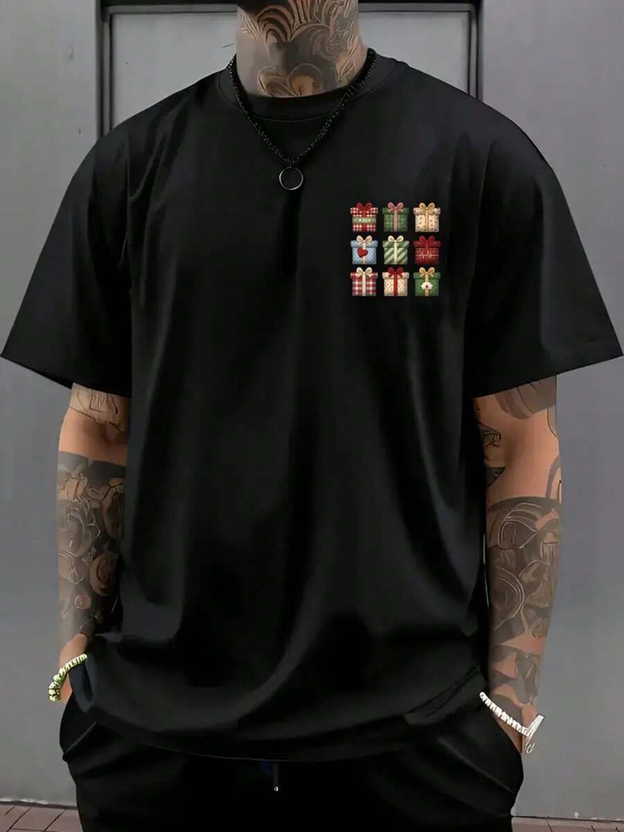 Camiseta de hombre con hombros caídos, caja de regalo, regalo navideño con estampado de doble cara, camiseta de hombre de corte holgado, ropa de hombre de estilo moderno y actual, camiseta d - Negro - Ver 1