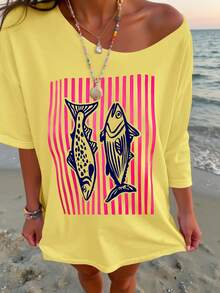 Short-Sleeved, Round-Neck Top, Local Urban Fashion For Spring/Summer. Women's Blouses, Women's T-Shirts. 180g (S-XXXL) Women's Loose-Fitting Striped Vacation-Style T-Shirt. - 黃色 - 查看 1