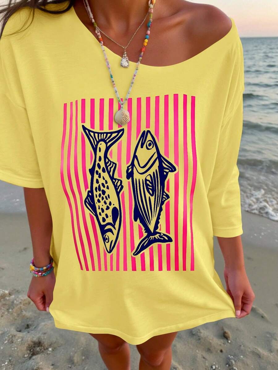 Short-Sleeved, Round-Neck Top, Local Urban Fashion For Spring/Summer. Women's Blouses, Women's T-Shirts. 180g (S-XXXL) Women's Loose-Fitting Striped Vacation-Style T-Shirt. - 黃色 - 查看 1