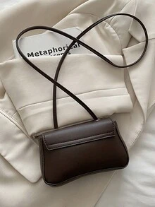 Women's Mini Solid Color PU Crossbody Bag, Vintage Curved Flap Design, Metal Clasp Closure, Adjustable Spaghetti Strap, Fashionable For Daily And Party - Coffee - View 5