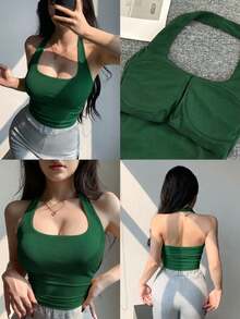 Top de tirantes finos y espalda descubierta de corte ceñido y corto en color marrón, adecuado para verano y primavera en estilo Y2K - Verde Oscuro - Ver 1