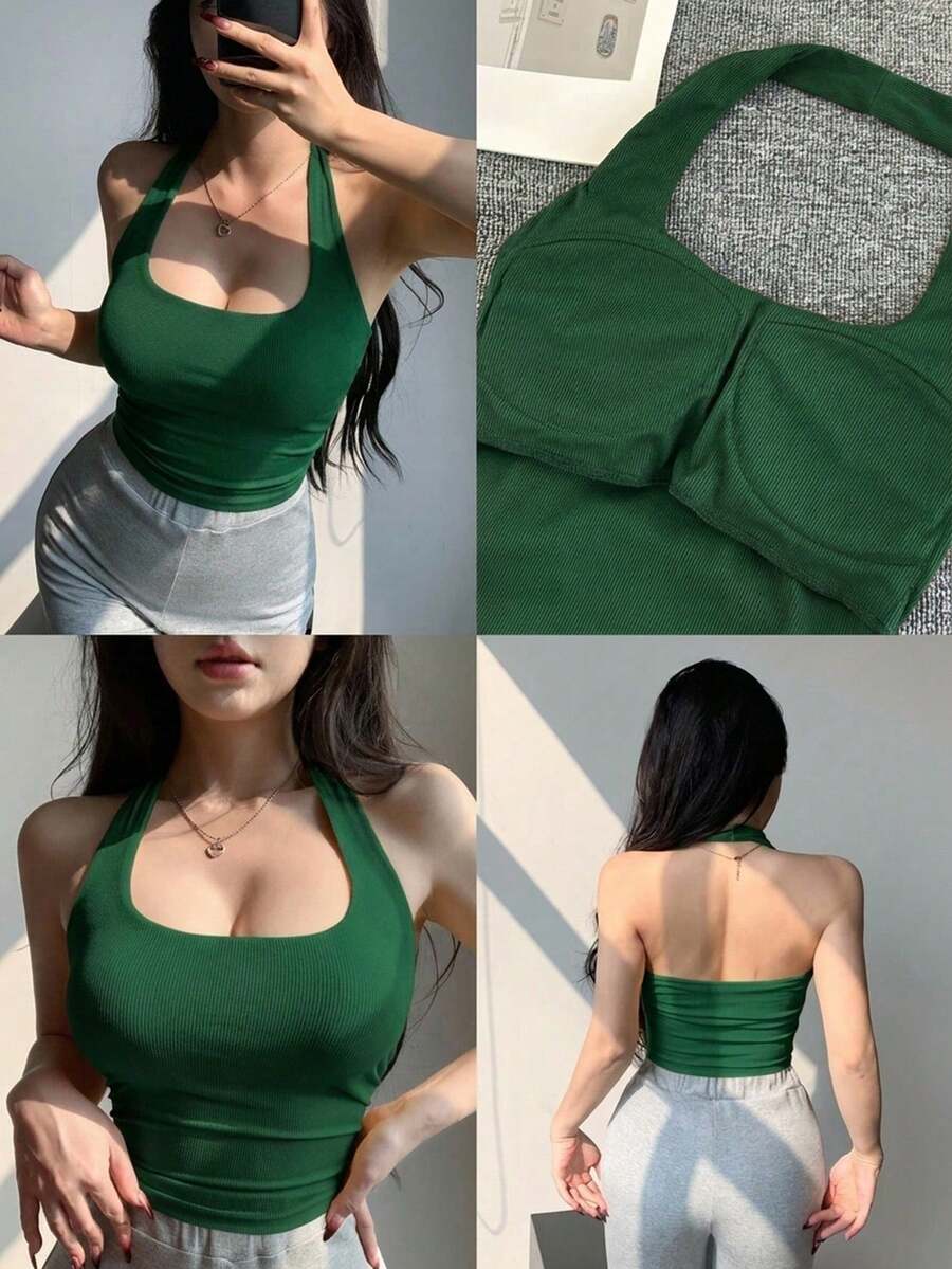 Top de tirantes finos y espalda descubierta de corte ceñido y corto en color marrón, adecuado para verano y primavera en estilo Y2K - Verde Oscuro - Ver 1