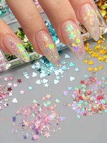 12-Grid Dreamy Iridescent Star & Heart Nail Glitter, Aurora Random Mix Heart, Star, Hexagon Nail Glitter, Laser Holographic Dopamine Nail Art Decor, Wedding Nail Supplies Nail Charms - Multicolor - View 2