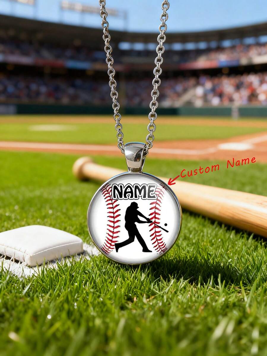 suteyi Individuell gestaltete Baseball-Handschuh-Umriss-Halskette, Football/Basketball mit eingraviertem Namen - Einzigartiger Sport-Anhänger für Baseballspieler, perfektes Geburtstags-/Spieltaggeschenk - Silber - Übersicht 1