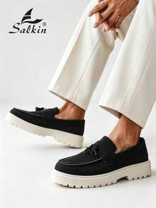 Salkin 極簡設計男士德比鞋 繫帶柔軟麂皮皮鞋 平價奢華 適合現代生活 莫卡辛時尚 舒適圓頭樂福鞋 優雅紳士運動鞋 商務純色鞋面 防滑耐磨 加厚增高底 日常休閒鞋 男士情侶約會出遊 百搭 派對宴會 節日禮物 春夏秋季，尺寸偏小，請選擇大一號 - 黑色 - 查看 11