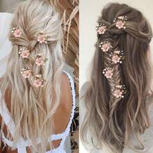 6pcs/Set Bridal Wedding Rhinestone Pearl Flower Alloy Leaf Hair Pin Set - 6-piece Pink Set - View 7