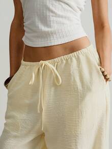 Women's Solid Color Drawstring Waist Casual Versatile Commuting Wide Leg Pants Summer - Yellow - View 6